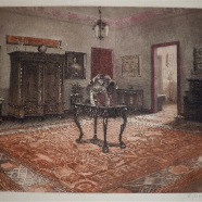 Bloemendaal interieur Huize de Rijp v/d fam. Stoop met de grote bronzen Chinese olifant die door een tijger besprongen wordt gekleurde ets 30.5x22.5 cm.   Roelof Gerbrands 1891-1954 