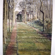 Bloemendaal Oude Mollaan naar Bloemendaalseweg met huis de Rijp v/d fam. Stoop gekleurde ets  21x30 cm. Roelof Gerbrands 1891-1954