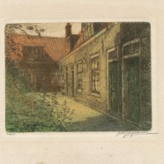 Haarlem Frans Loenenhofje  Joh.Josseaud 1880-1935 ingekleurde ets 14x11 cm.