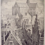 Haarlem St.Bavo Grote Houtstraat vanaf V&D Huub de Ru 1902-1980 litho 23x32.5 cm.