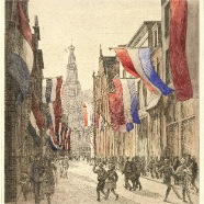 Haarlem St.Bavo Smedestraat Roelof Gerbrands 1891-1954 gekleurde ets 21x25 cm. feest geboorte Prinses Irene 5 aug. 1939 in de Smedestraat         (Zijlstraat is fout onderschrift)