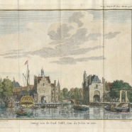 Delft van de Schie J.C.Philips handgekleurde kopergravure 20x17 cm. 1742 