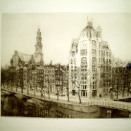 Amsterdam Keizersgracht hoek Leliegracht Dirk Harting 1884-1972 ets 40x33 cm. plaatrand € 100.-