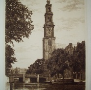 Amsterdam Westertoren Prinsengracht 20.5x31 cm. ets € 40.-