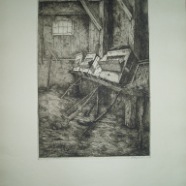 Konijnenhokken Johan Scherft 1891-1969 ets 28x40 cm. € 45.-